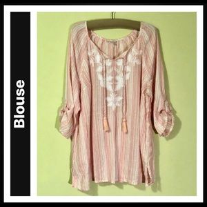 Light Pink Striped Embroidered Peasant Blouse
